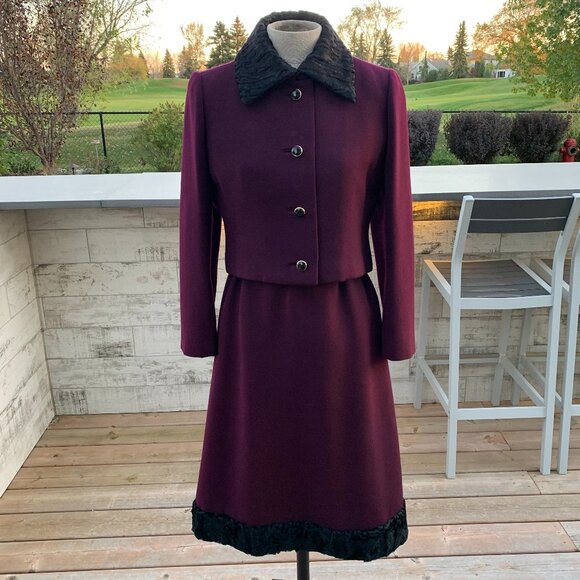 Vintage 60s Burgundy Black Faux Fur Trim 2 Pc Belted Dress Cropped Blazer Set - Picture 1 of 16